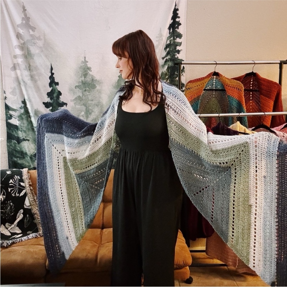Elegant Multicolor (Blue, Green, and Cream) Handmade Crochet Shawl